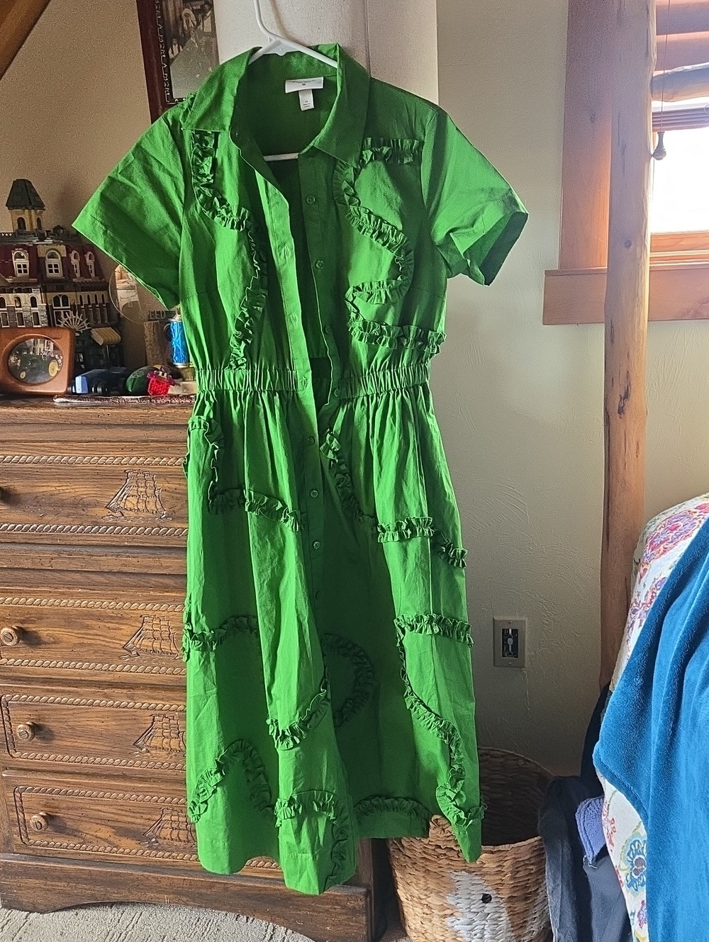 Kate Spade. Bright Green Short-Sleeve Ruffle Midi Dress